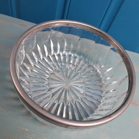 Cut Crystal Glass Bowl with Silver Plated Rim Vintage Serving Bowl - Picture 8 of 16